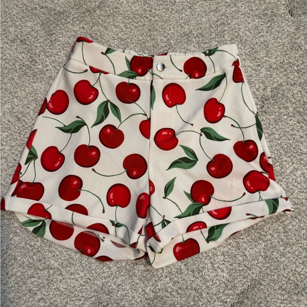 SHEIN White and Red Cherry Pattern High Waist Shorts
